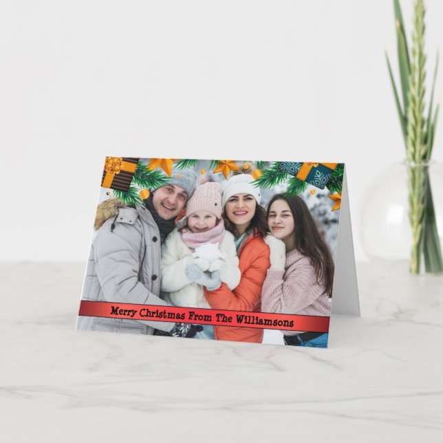 Christmas Presents Pine Boughs Frame Photo Holiday Card (Front)