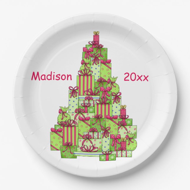 Christmas Presents Tree Name Personalised Paper Plate (Front)