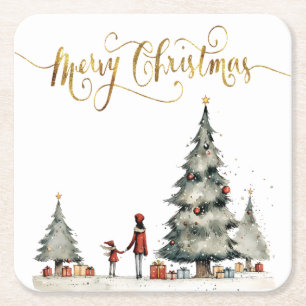 Christmas presents under the tree square paper coaster