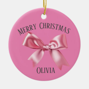 Christmas Pretty Pink Custom Name Coquette Bow  Ceramic Ornament