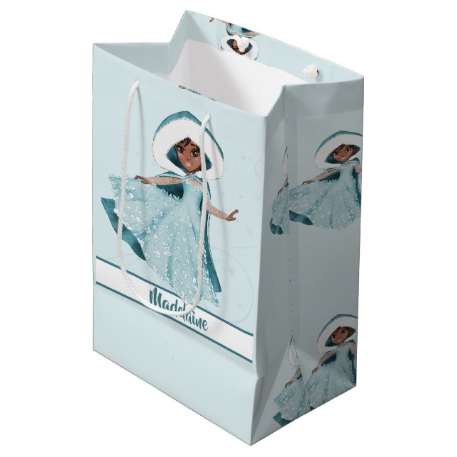 Christmas Princess Dark Hair Winter Snowflakes Medium Gift Bag (Front Angled)