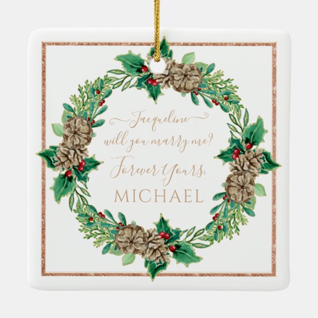 Christmas Proposal Red Wreath Holly Leaf Greenery Ceramic Ornament (Back)