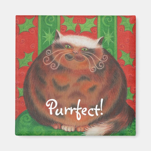 Christmas Pud 'Purrfect!' square fridge magnet (Front)