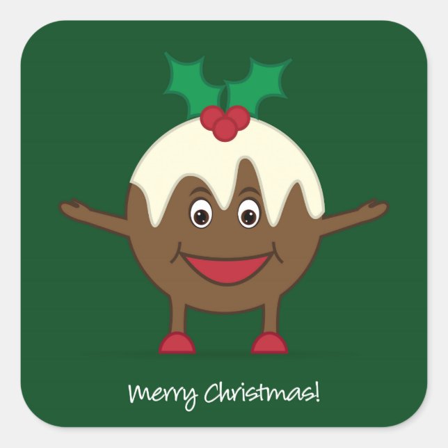 Christmas pudding cartoon character square sticker (Front)