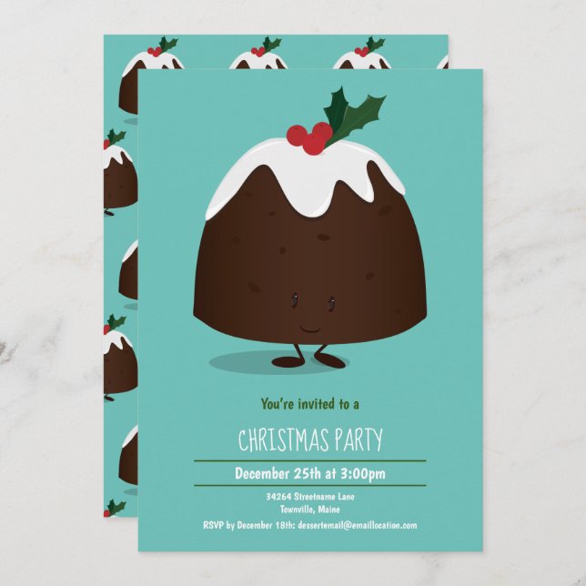 Christmas Pudding Character Holiday Teal White Invitation (Front/Back)