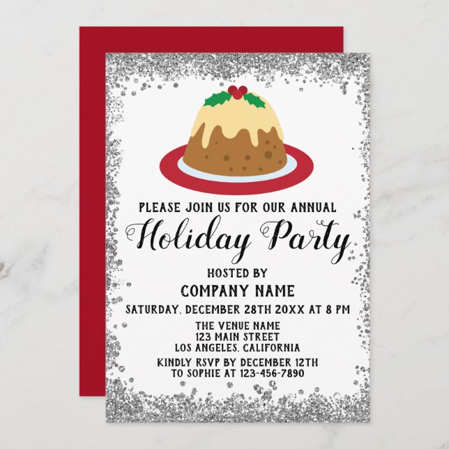 Christmas Pudding Company Holiday Party Red Silver Invitation (Front/Back)