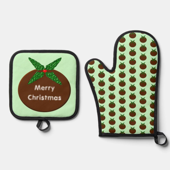 Christmas Pudding Customisable Oven Mitt & Pot Holder Set (Front)