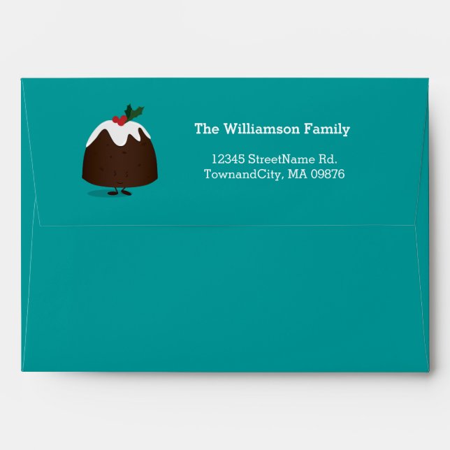 Christmas Pudding Dark Teal Cartoon Address Envelope (Back (Top Flap))