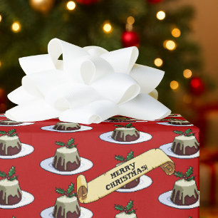 Christmas Pudding Merry Christmas! Holly Pattern Wrapping Paper