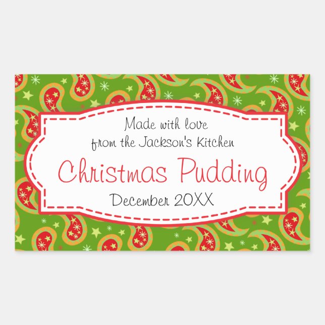 Christmas pudding paisley green food label sticker (Front)