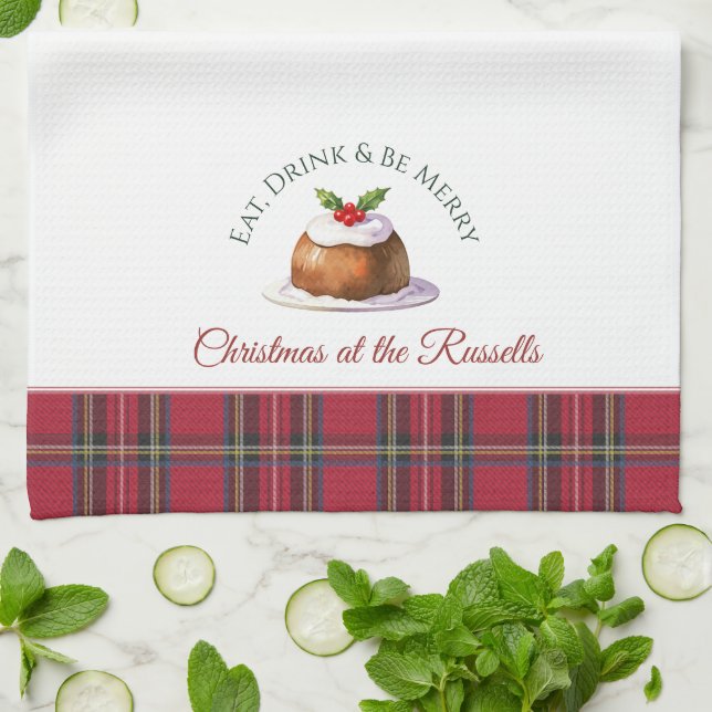 Christmas Pudding Personalised Name Christmas Tea Towel (Folded)