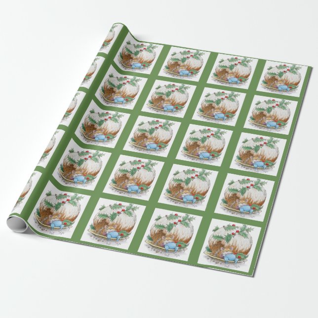 Christmas Pudding Snoozing Mouse Wrapping Paper (Unrolled)