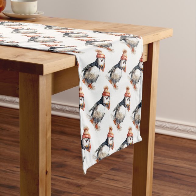 Christmas Puffin Watercolor Winter Hat Pattern Short Table Runner (In Situ)