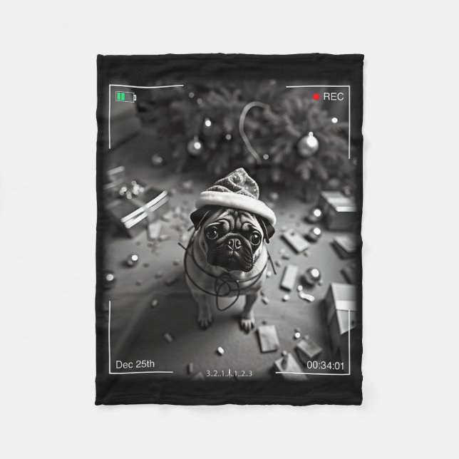 Christmas Pug Caught On Camera  Fleece Blanket (Front)