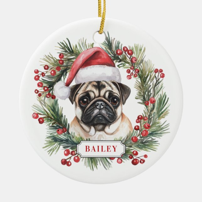 Christmas Pug Ceramic Circle Ornament (Front)