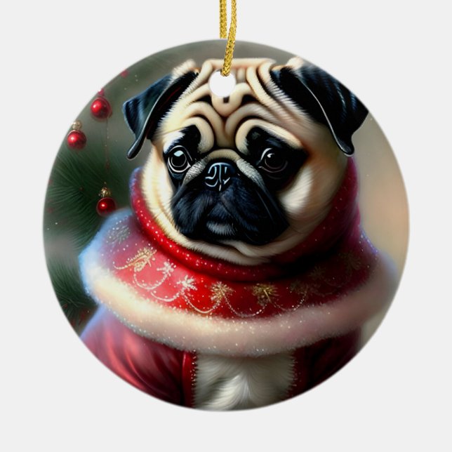Christmas Pug Ceramic Ornament (Front)