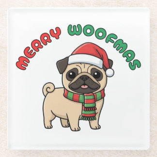 Christmas Pug Coaster: Merry Woofmas Glass Coaster