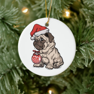 Christmas Pug cute hat cartoon Ceramic Ornament