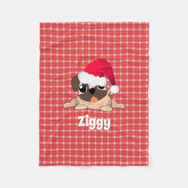 Christmas Pug Dog on Red Plaid Fleece Blanket (Front)