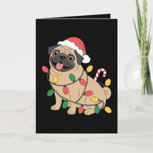 Christmas Pug Dog Santa Hat Lights Candy Cane Card