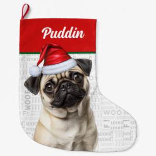 Christmas Pug Dog with Name Woof Large Christmas Stocking
