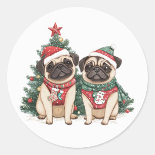 Christmas Pug Dogs Classic Round Sticker