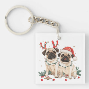 Christmas Pug Dogs Key Ring