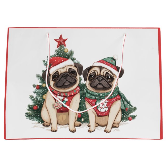 Christmas Pug Dogs Large Gift Bag (Front)