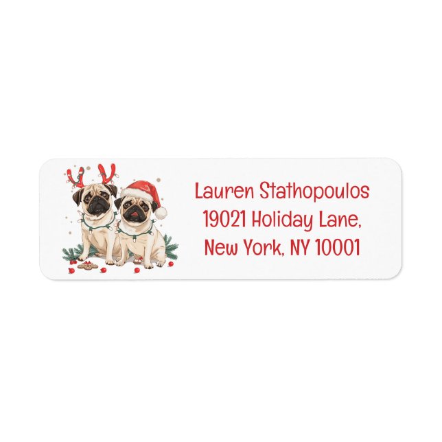Christmas Pug Dogs Return Address Label (Front)