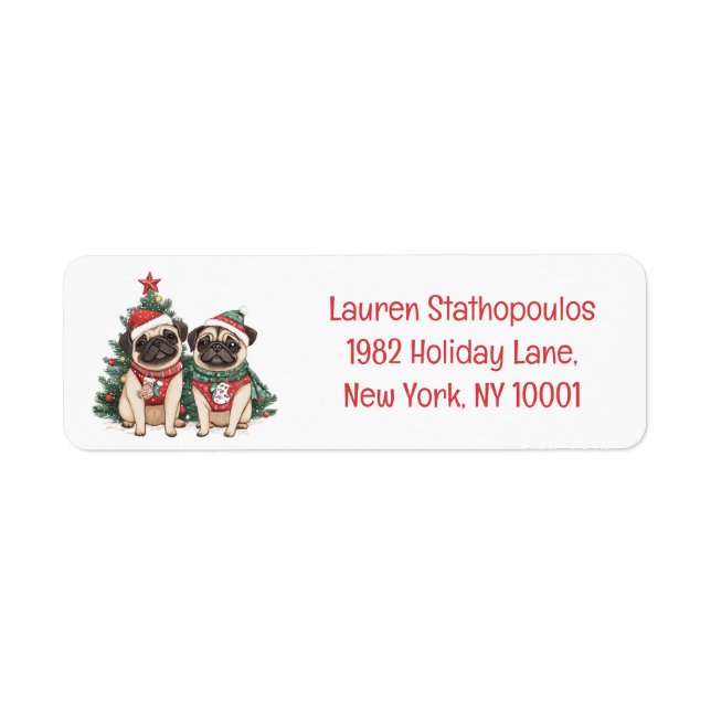 Christmas Pug Dogs Return Address Label (Front)