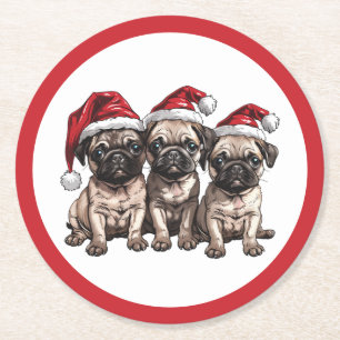Christmas Pug Dogs Santa Round Paper Coaster