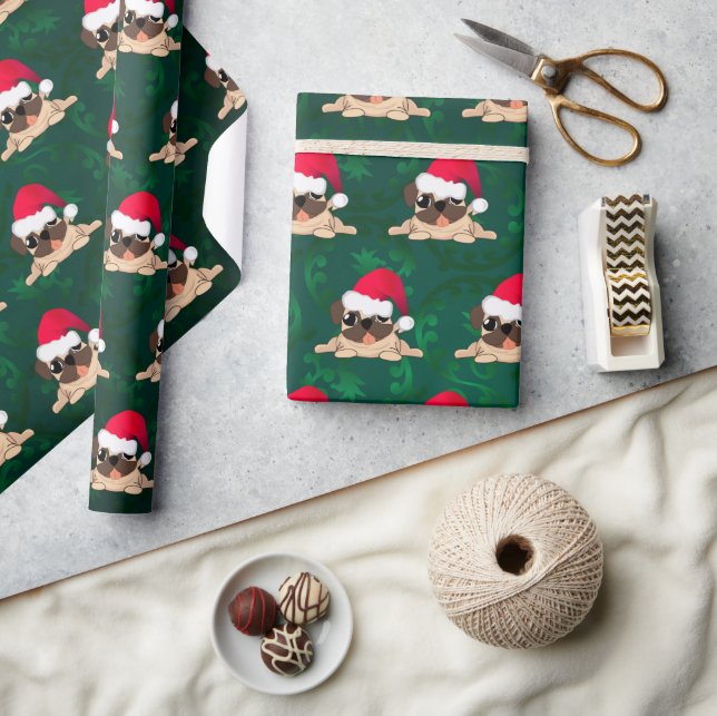 Christmas Pug Glossy Wrapping Paper, 30" x 6' Paper (Crafts)