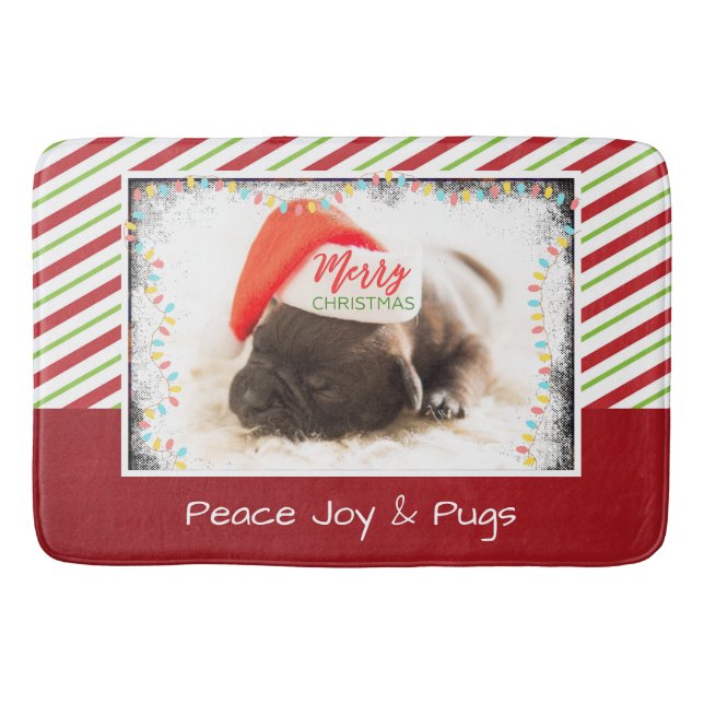 Christmas Pug in Santa Hat with Christmas Lights Bath Mat (Front)