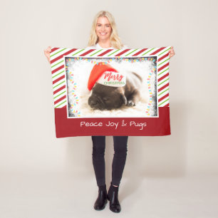 Christmas Pug in Santa Hat with Christmas Lights Fleece Blanket