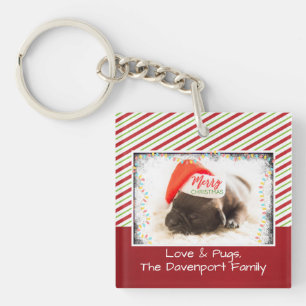 Christmas Pug in Santa Hat with Christmas Lights Key Ring