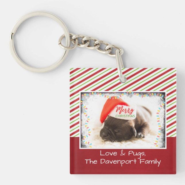 Christmas Pug in Santa Hat with Christmas Lights Key Ring (Front)