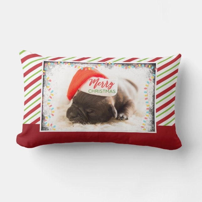 Christmas Pug in Santa Hat with Christmas Lights Lumbar Cushion (Front)
