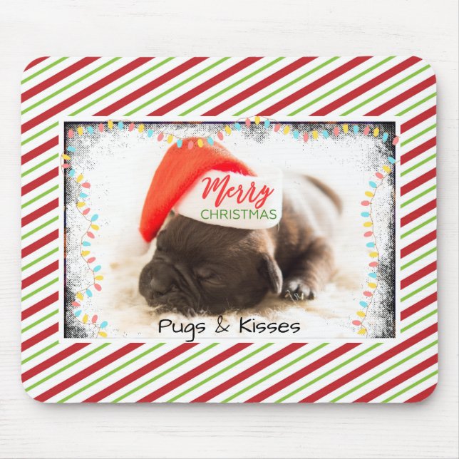 Christmas Pug in Santa Hat with Christmas Lights Mouse Pad (Front)