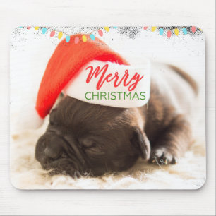 Christmas Pug in Santa Hat with Christmas Lights Mouse Pad