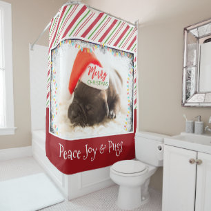 Christmas Pug in Santa Hat with Christmas Lights Shower Curtain