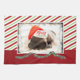 Christmas Pug in Santa Hat with Christmas Lights Tea Towel