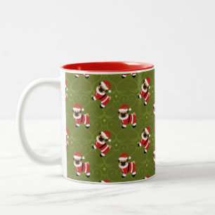 Christmas pug in santa suit with swirly pattern Two-Tone coffee mug