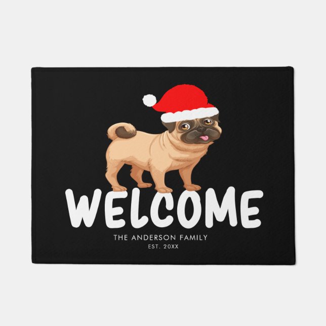 Christmas Pug Personalised Black Doormat (Front)