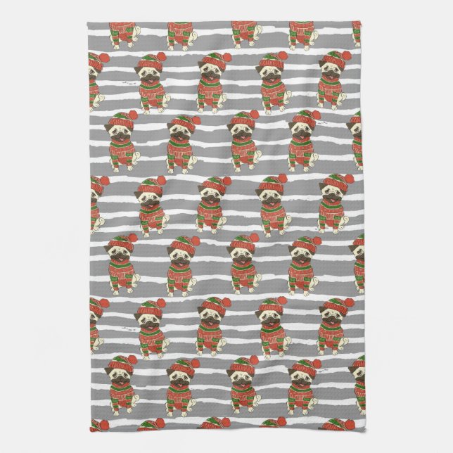 Christmas Pug Portrait Pattern Tea Towel (Vertical)