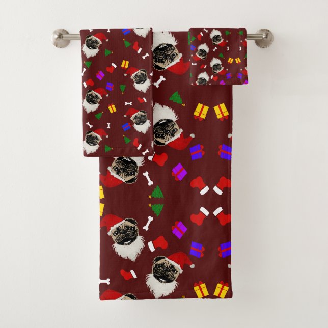 Christmas Pug Santa Hat Stockings and Gifts Bath Towel Set (Insitu)