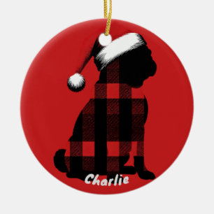 Christmas Pug Waring Plaid Shirt  Animal Lover Gif Ceramic Ornament