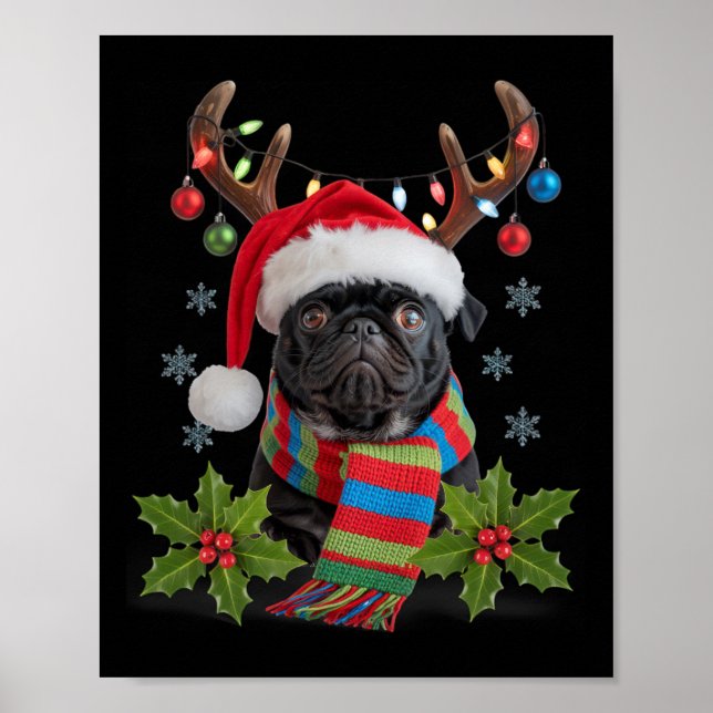 Christmas Pug With Antlers Santa Hat Cosy Scarf De Poster (Front)