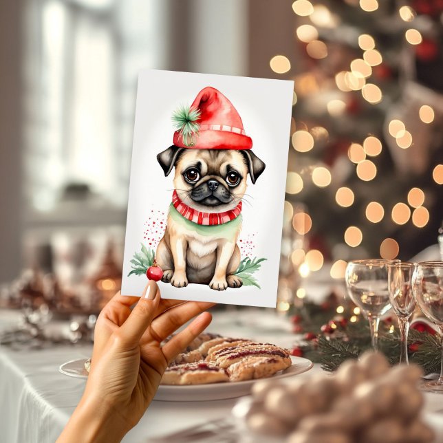 Christmas Pug with Red Hat Flat Holiday Card (Creator Uploaded)