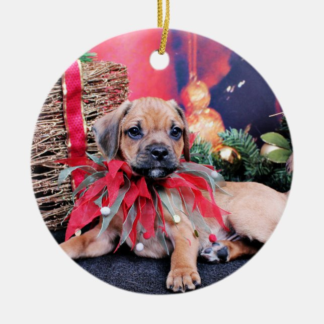 Christmas - Puggle - Gus Ceramic Tree Decoration (Front)