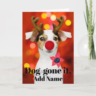 Christmas Pup Antlers Add Name Holiday Card